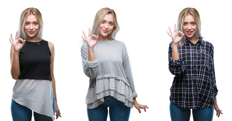 Obraz premium Collage of beautiful blonde young woman over isolated background smiling positive doing ok sign with hand and fingers. Successful expression.