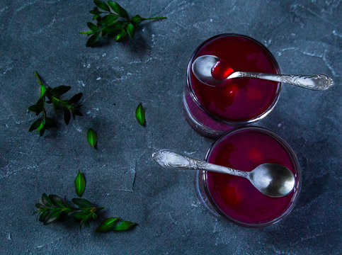 Cherry Kissel or kisel - Russian traditional sweet drink, in two glasses