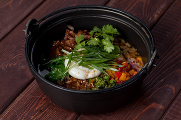  fresh and bright, meat salad from various and appetizing vegetables for designer solutions in cooking