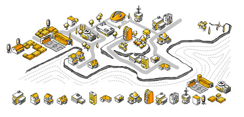 Drawing Doodle Isometric Building Set.