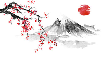 Japan traditional sumi-e painting. Indian ink illustration. Japanese picture. Sakura, sun and mountain © helen_f