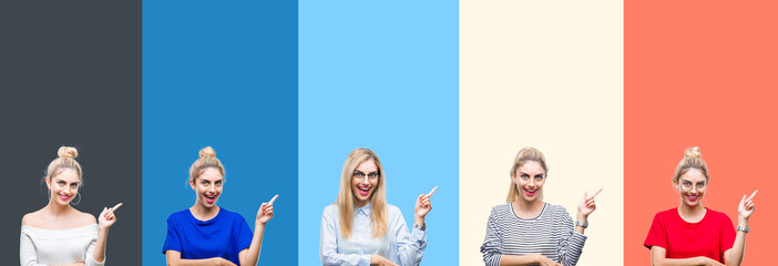 Obraz premium Collage of young beautiful blonde woman over vivid colorful vintage stripes isolated background with a big smile on face, pointing with hand and finger to the side looking at the camera.
