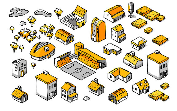 Drawing Doodle Isometric Building Set.