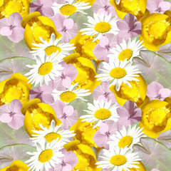 Fototapeta na wymiar Beautiful floral background of daisies, water lilies and hydrangeas