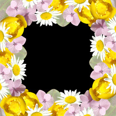 Beautiful floral background of daisies, water lilies and hydrangeas