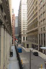 The view of Chicago downtown with street and hi-rise building view from elevated train station in...