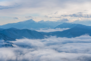 Obraz na płótnie Canvas Amazing mountain snow panoramic landscape opening from the observation deck Lago-Naki, The Main Caucasian Ridge, Russia