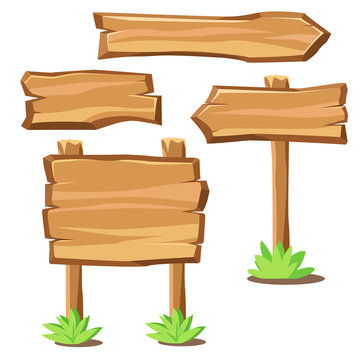 Cartoon wooden boards as banners signs and pointers. Western style information