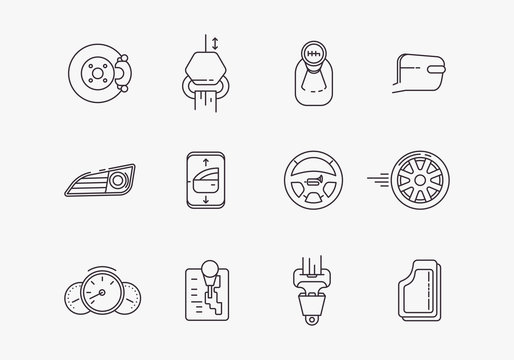 Set of car equipment. Cars complectation line icons. Automobile items. Thin line art design.