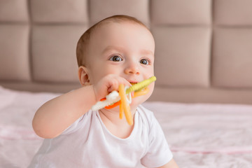 small child holds a toy in his mouth,Portrait of a small child. Baby boy sitting in bed and holding teether toys.