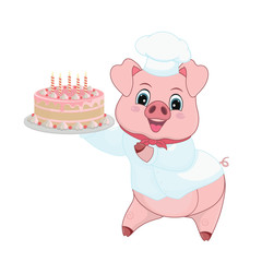 Pig chef in a cap holding a cake. Funny and cute piggy in cartoon style. Vector illustration for design, decor, holiday, invitation, banners, posters, postcards, vector template.