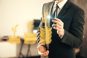 Double exposure with growth coins columns and man hand. Concept of success savings and capital.