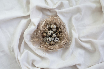 Quail eggs in a straw nest on the background of linen fabric. Top view. The symbol of the Easter holiday. Protein food and vitamin.