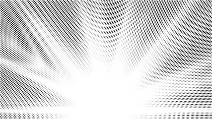 Halftone gradient sun rays pattern. Abstract halftone vector dots background. Monochrome dots pattern. Pop Art, Comic small dots. Star rays radial halftone poster. Shine explosion. Space, sunrise rays