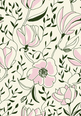 Seamless  pattern sketchy unfinished magnolia flowers, line drawing