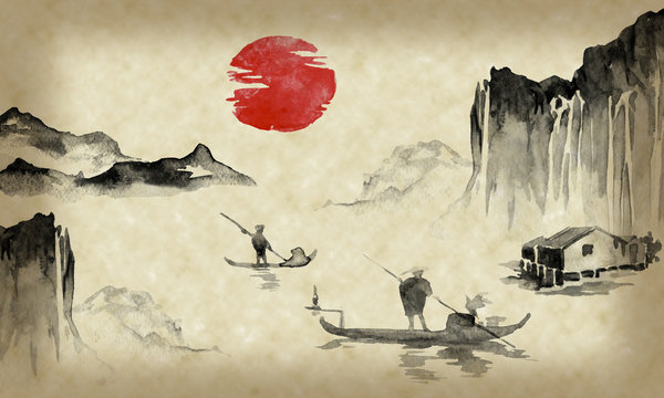 Japan traditional sumi-e painting. Indian ink illustration. Japanese picture. Man, boat, mountains