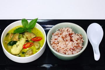 Thai Green curry chicken served with brown rice.