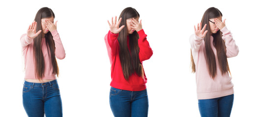 Collage of young beautiful Chinese woman over isolated background covering eyes with hands and doing stop gesture with sad and fear expression. Embarrassed and negative concept.