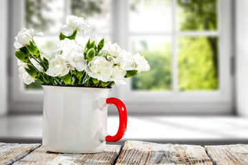Desk of free space and fresh flowers. 