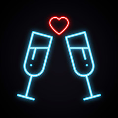 Neon drink in two glasses. Bright toast sign. Cocktails, binge, champagne, wine, theme. Light glowing alcohol symbol.