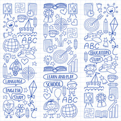 Vector set of learning English language, children's drawingicons icons in doodle style. Painted, drawn with a pen, on a sheet of checkered paper on a white background.