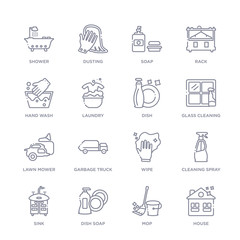 set of 16 thin linear icons such as house, mop, dish soap, sink, cleaning spray, wipe, garbage truck from cleaning collection on white background, outline sign icons or symbols