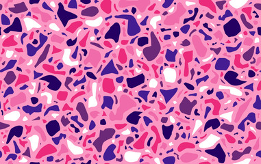 Terrazzo seamless pattern design. Marble. Natural stone, granite, glass, quartz, concrete. Background texture in pink, purple, violet colors.