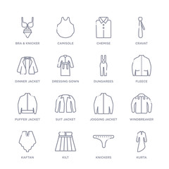 set of 16 thin linear icons such as kurta, knickers, kilt, kaftan, windbreaker, jogging jacket, suit jacket from clothes collection on white background, outline sign icons or symbols