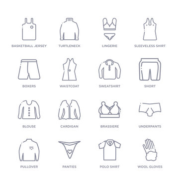 set of 16 thin linear icons such as wool gloves, polo shirt, panties, pullover, underpants, brassiere, cardigan from clothes collection on white background, outline sign icons or symbols