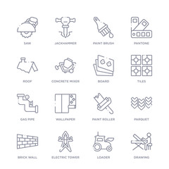 set of 16 thin linear icons such as drawing, loader, electric tower, brick wall, parquet, paint roller, wallpaper from construction tools collection on white background, outline sign icons or