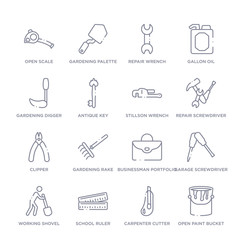 set of 16 thin linear icons such as open paint bucket, carpenter cutter, school ruler, working shovel, garage screwdriver, businessman portfolio, gardening rake from construction tools collection on