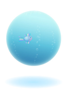 Lonely fish in water sphere. Blue misty ball with some bubbles. Isolated vector illustration on white background.