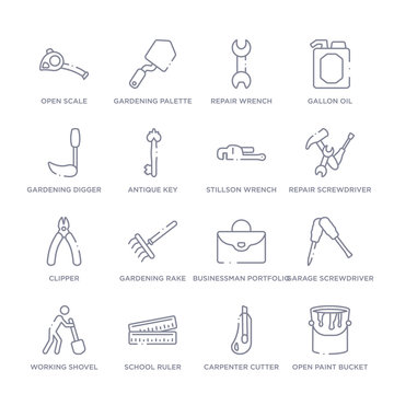 set of 16 thin linear icons such as open paint bucket, carpenter cutter, school ruler, working shovel, garage screwdriver, businessman portfolio, gardening rake from construction tools collection on