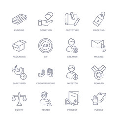 set of 16 thin linear icons such as pledge, project, tester, equity, reward, investor, crowdfunding from crowdfunding collection on white background, outline sign icons or symbols