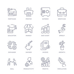 set of 16 thin linear icons such as population, profits, productivity, deal, growth, invoice, savings from digital economy collection on white background, outline sign icons or symbols