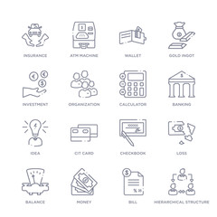set of 16 thin linear icons such as hierarchical structure, bill, money, balance, loss, checkbook, cit card from digital economy collection on white background, outline sign icons or symbols