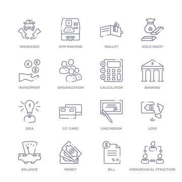 Set Of 16 Thin Linear Icons Such As Hierarchical Structure, Bill, Money, Balance, Loss, Checkbook, Cit Card From Digital Economy Collection On White Background, Outline Sign Icons Or Symbols