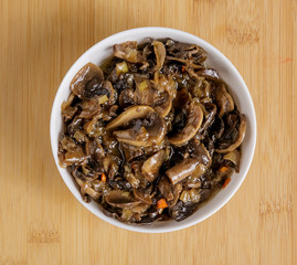 Fried mushrooms in a plate on the table.