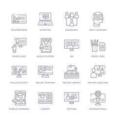 set of 16 thin linear icons such as international, lecture, lesson, mobile learning, online coaching, online library, online training from elearning and education collection on white background,