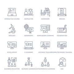 set of 16 thin linear icons such as ask, asynchronous learning, blended learning, business education, computer-based training, distance teacher, e learning from elearning and education collection on