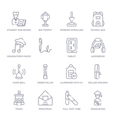 set of 16 thin linear icons such as graduating, full test tube, open email, teach, rolled diploma, clipboard with a+, greek pillar from education collection on white background, outline sign icons