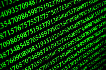 Green random numbers on computer screen. Computer technology secret code hacker background.