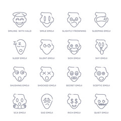 set of 16 thin linear icons such as quiet emoji, rich emoji, sad emoji, sca sceptic secret shocked emoji from emoji collection on white background, outline sign icons or symbols