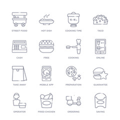 set of 16 thin linear icons such as saving, ordering, fried chicken, operator, guarantee, preparation, mobile app from fastfood collection on white background, outline sign icons or symbols