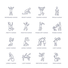 Fototapeta premium set of 16 thin linear icons such as inspi human, irritated human, lazy human, lonely lost loved lovely human from feelings collection on white background, outline sign icons or symbols