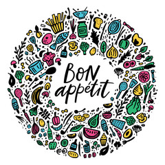 Fototapeta na wymiar Bon Appetit doodle sticker set