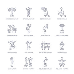 set of 16 thin linear icons such as relaxed human, relieved human, rough human, sad safe satisfied sca human from feelings collection on white background, outline sign icons or symbols