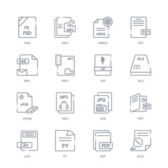 set of 16 thin linear icons such as doc, pdf, py, csv, ppt, jpg, mp3 from file type collection on white background, outline sign icons or symbols