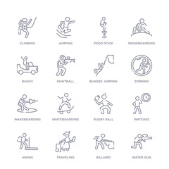 set of 16 thin linear icons such as water gun, billiard, traveling, hiking, watches, rugby ball, skateboarding from free time collection on white background, outline sign icons or symbols