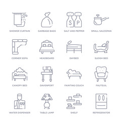 set of 16 thin linear icons such as refrigerator, shelf, table lamp, water dispenser, fauteuil, fainting couch, davenport from furniture and household collection on white background, outline sign